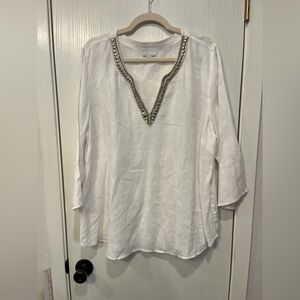 J. Jill Love Linen Popover White Tunic V-neck Metallic Beaded Trim Size XL